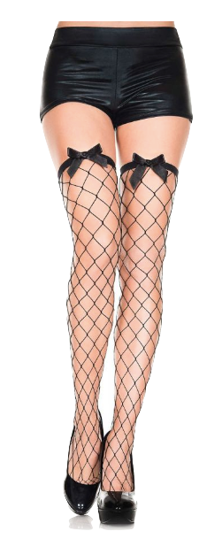 Diamond Net with Bow Accent Thigh Highs Black