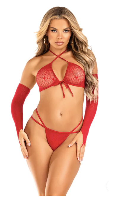 Heart Net Crop Top, G-String and Gauntlet Set Red