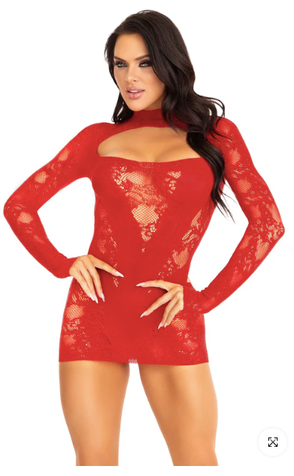 Lace Mini Dress with Gloved Sleeve Red