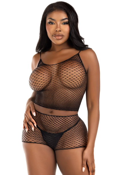 2 Pc Twist Net Tank Top and Boy Shorts Black
