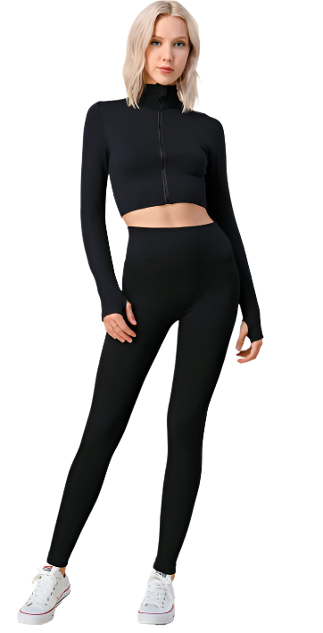 Diamond Texture Zip Crop and Pants Set Black