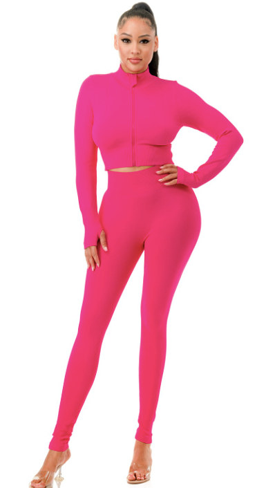 Diamond Texture Zip Crop and Pants Set Fuchsia