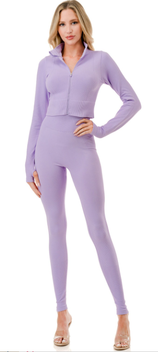 Diamond Texture Zip Crop and Pants Set Lavender