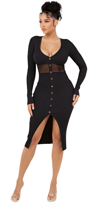 Long Sleeve Fishnet Cutout Midi Dress