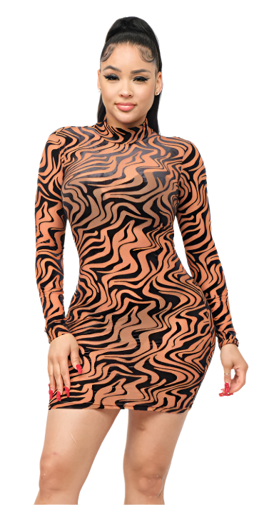 Long Sleeve Geometric Dress Nude