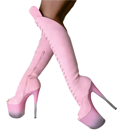 Hella Heels: Pink Ombre Open Toe Over Knee Boot 8"