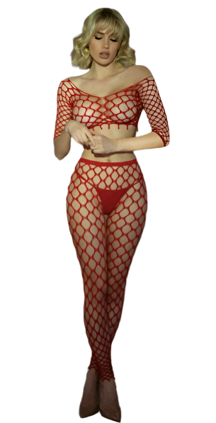 Pot Hole Net Top and Pantyhose Set Red - Model Express Vancouver