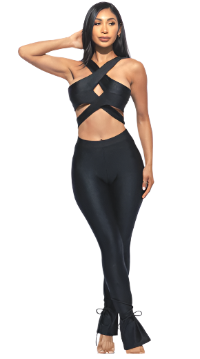 Shiny Cut Out Top and Pants Set