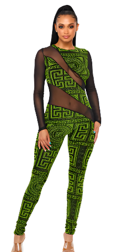 Long Sleeve Jumpsuit Green/Black Mesh