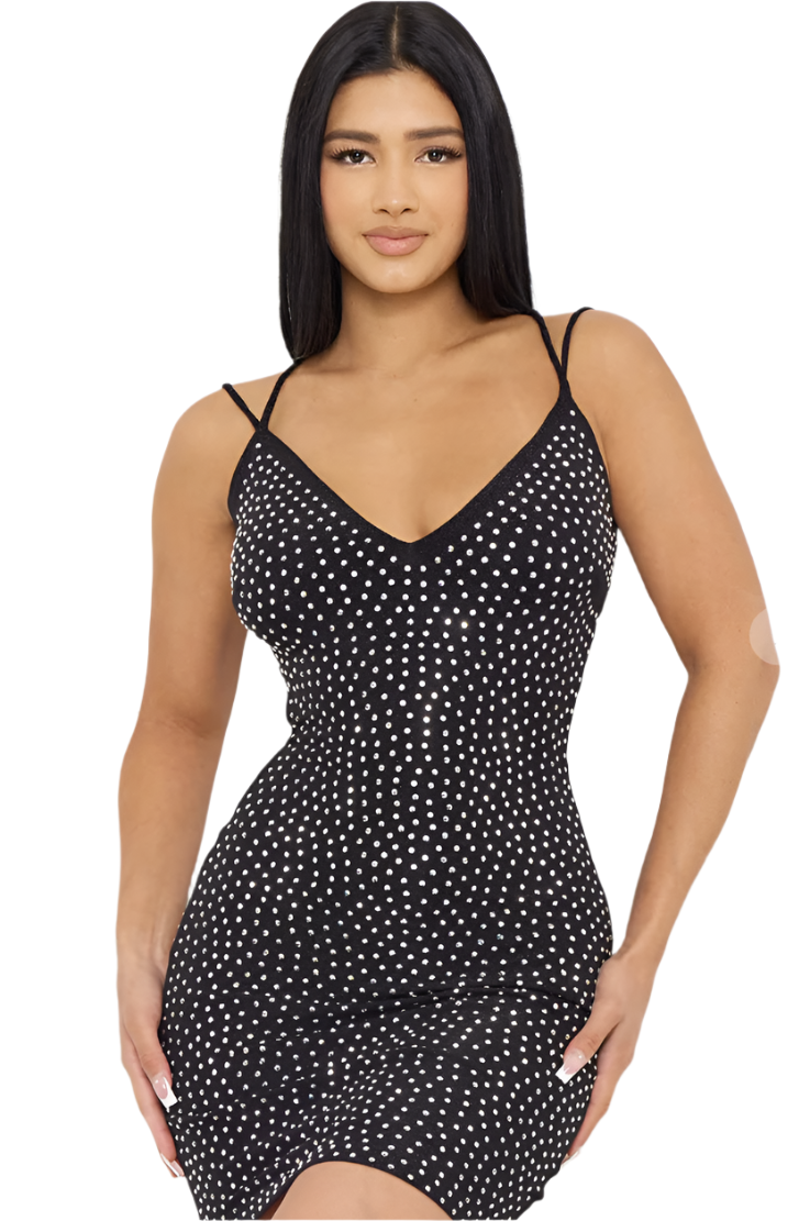 Rhinestone Silky Stretch Mini Dress Black - Model Express Vancouver