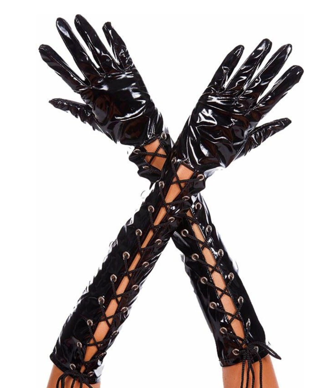 Wet Look Ribbon Lace Up Gloves Black - Model Express Vancouver