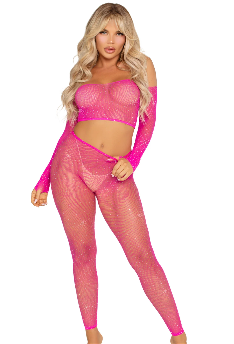 Rhinestone Fishnet Crop Top and Footless Tights Pink - Model Express Vancouver