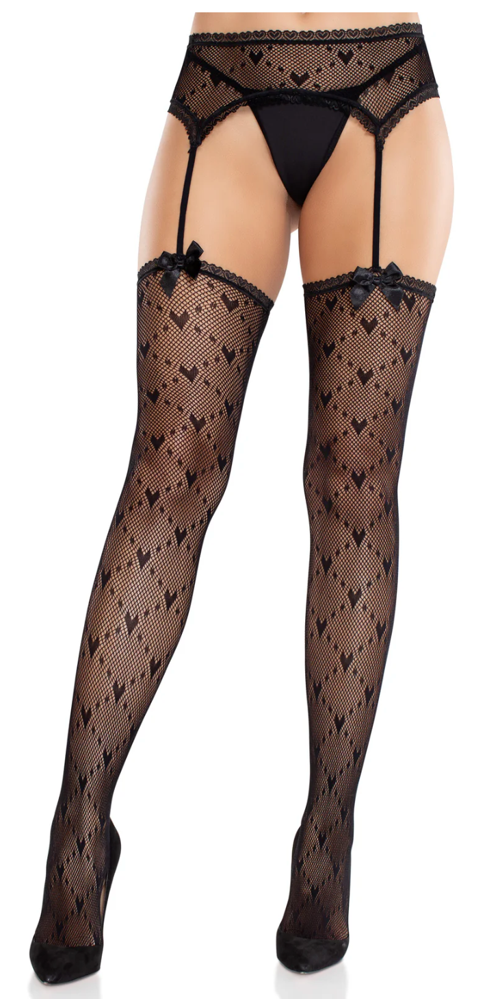 Heart Lace Trimmed Heart Net Stockings with Attached Garter Belt Black - Model Express Vancouver