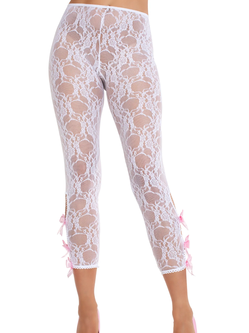 Floral Lace Footless Capri Tights with Keyhole Detail White - Model Express Vancouver