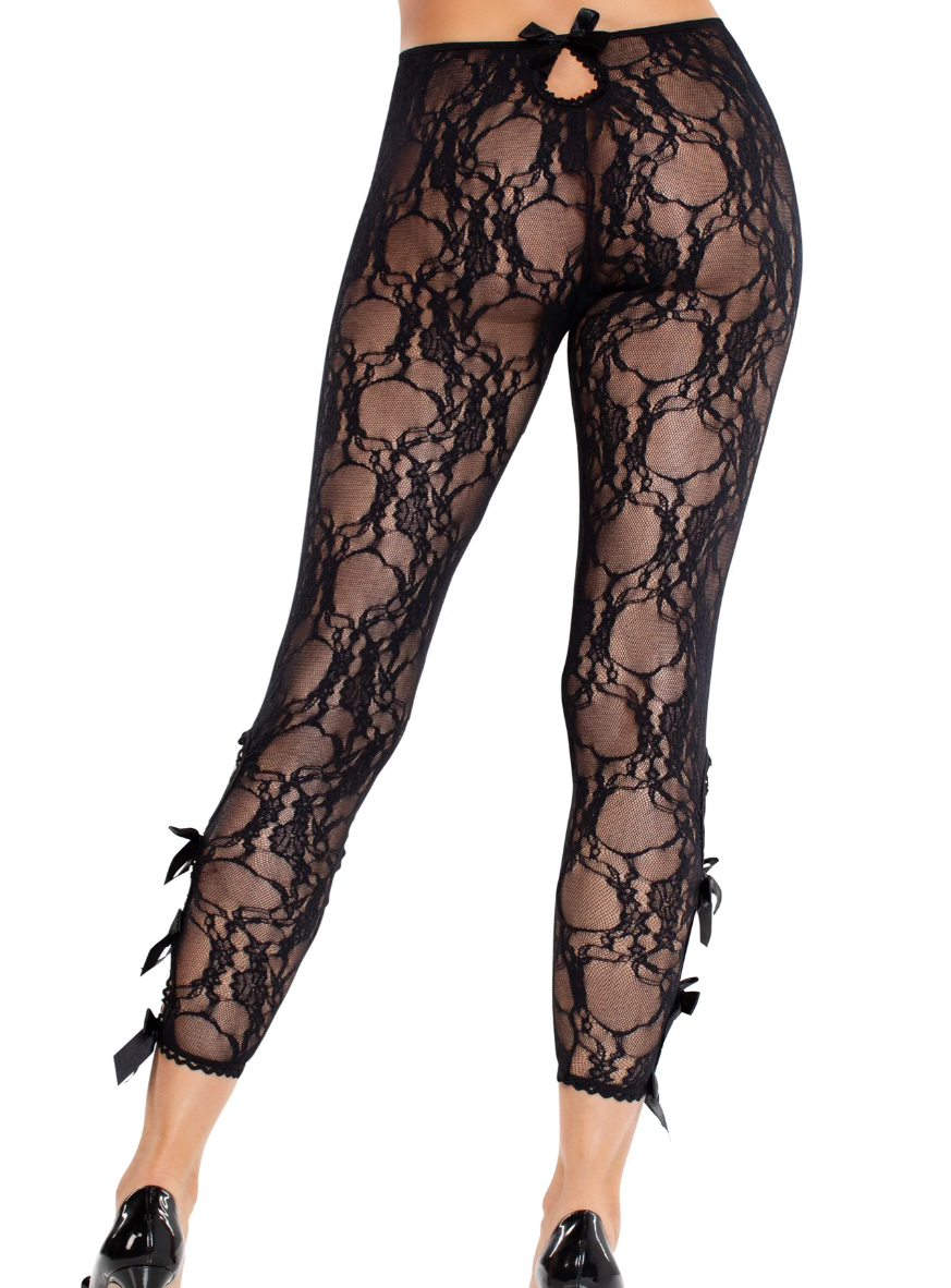 Floral Lace Footless Capri Tights with Keyhole Detail Black - Model Express Vancouver