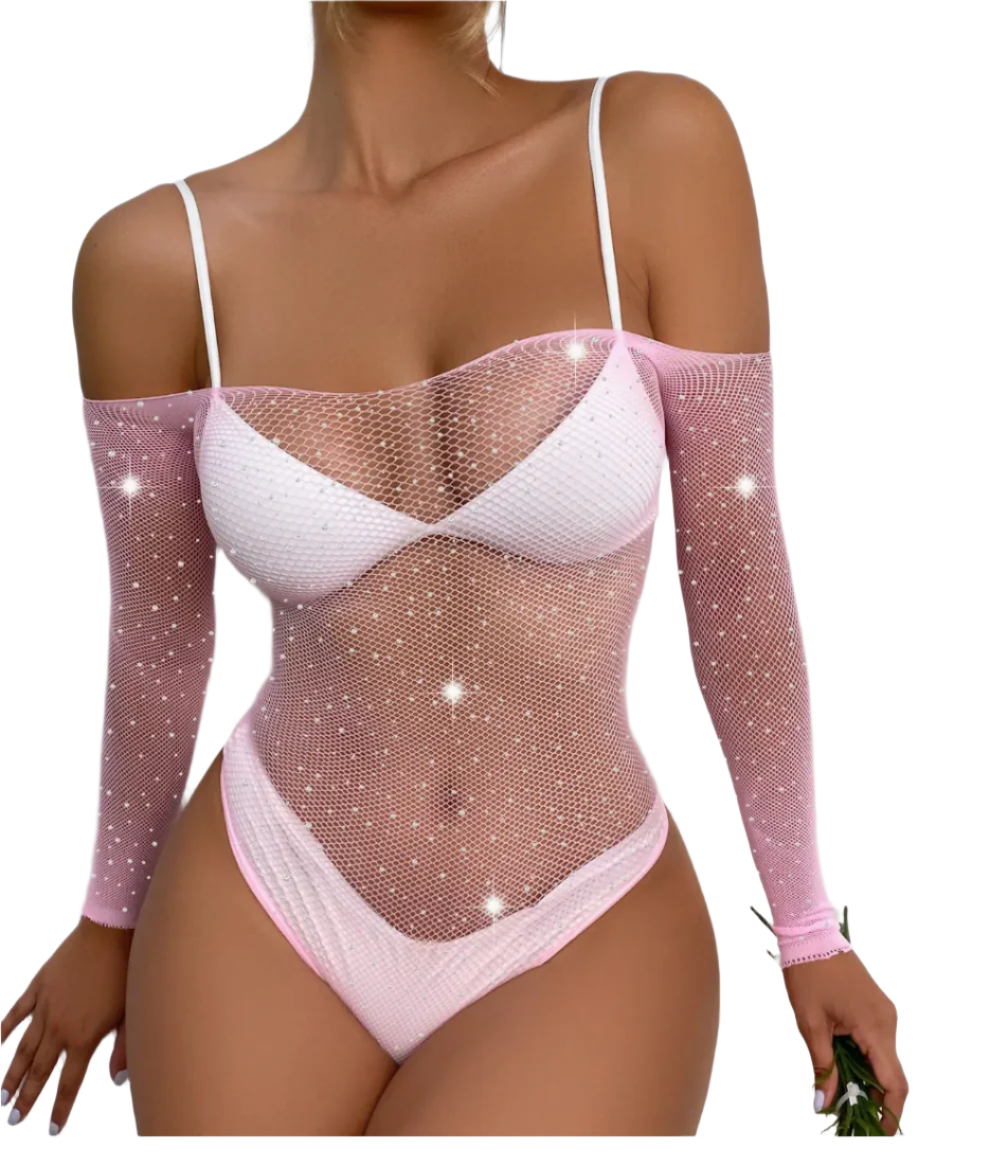 Rhinestone Fishnet Sleeved Teddy Lingerie Baby Pink - Model Express Vancouver