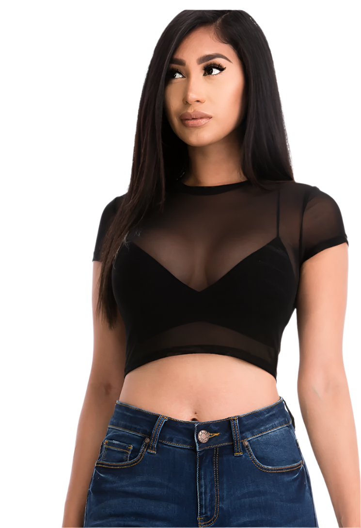 Mesh Short Sleeve Crop Top Black