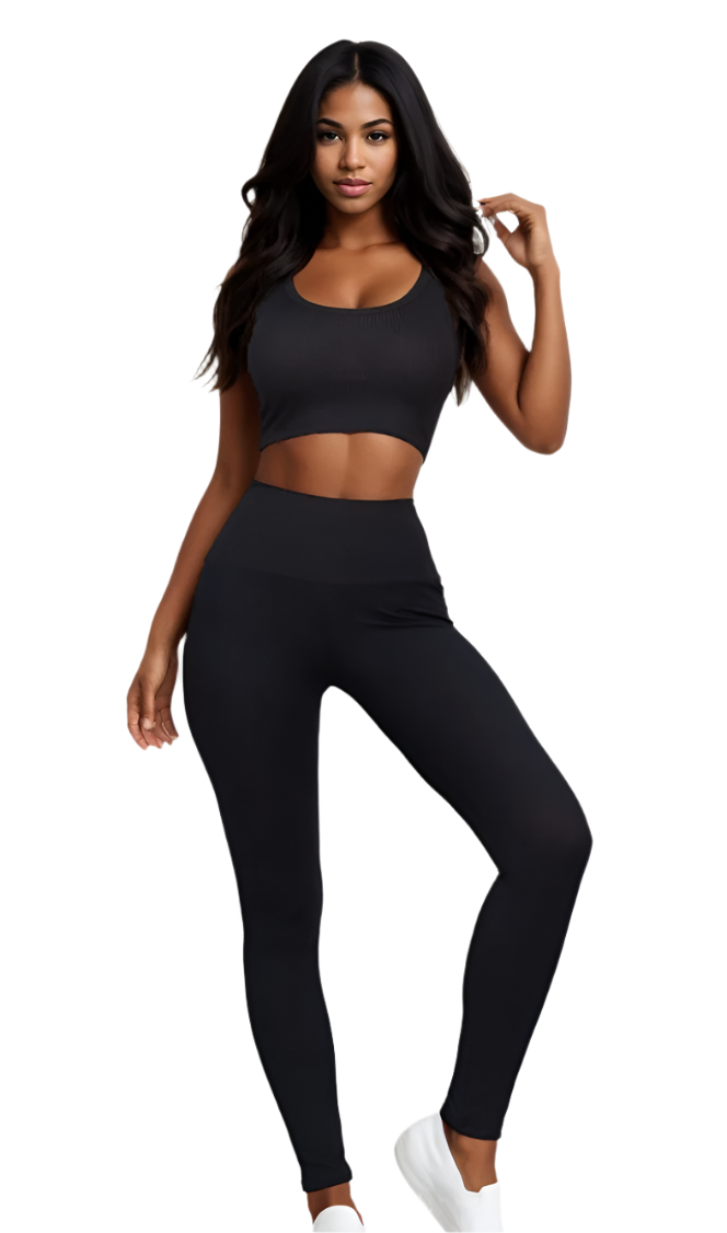 Ribbed Crop Sleeveless Top and Legging Set Black