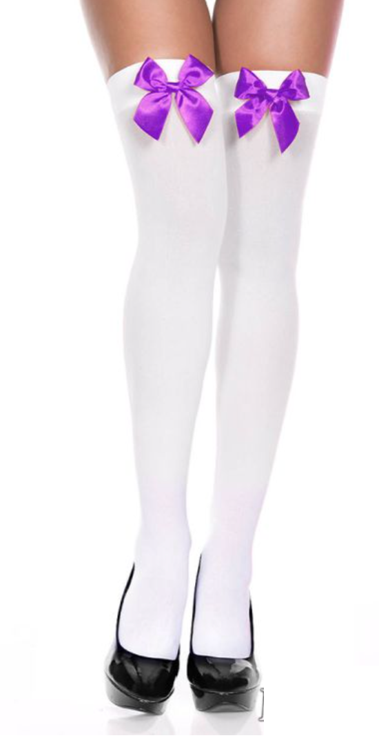 Satin Bow Opaque Thigh High White/Purple - Model Express Vancouver