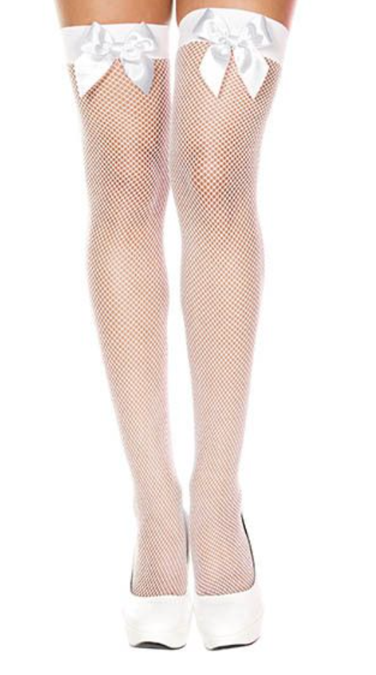 Satin Bow Fishnet Thigh Highs White - Model Express Vancouver