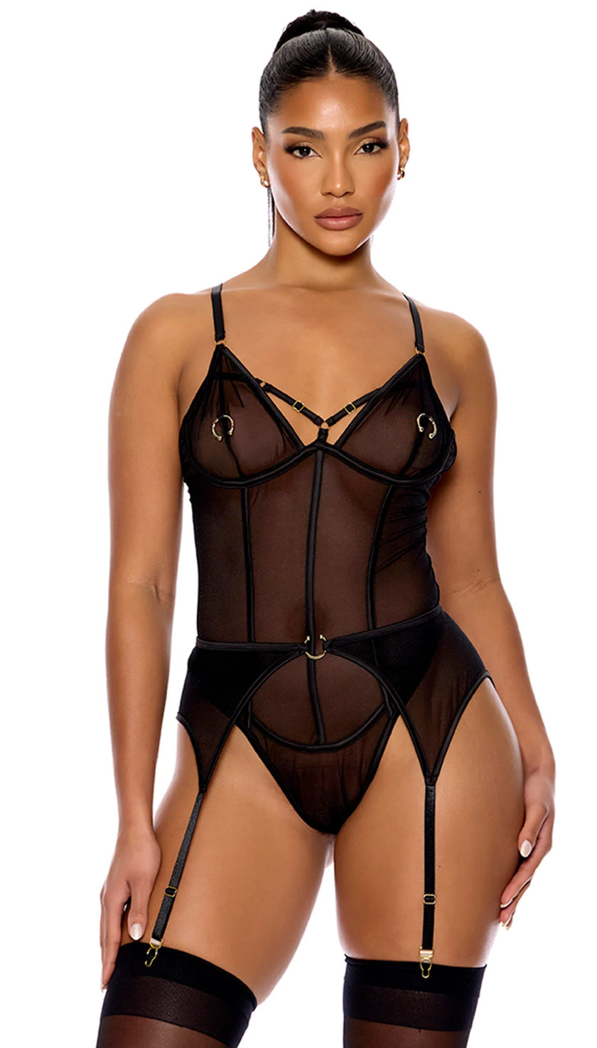 Faux Piercing Mesh Teddy with Garter Belt - Model Express Vancouver