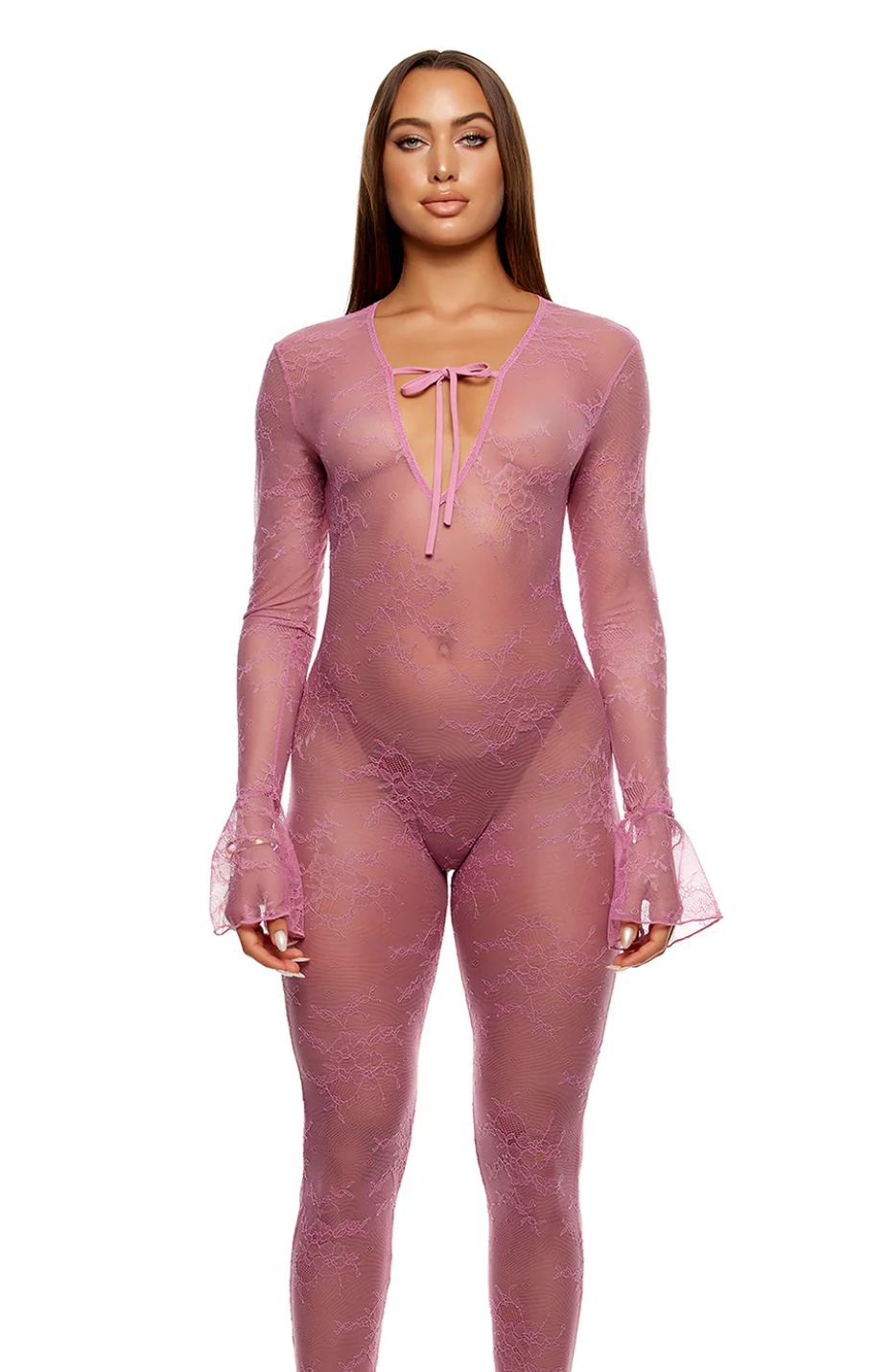 Long Sleeve Lace Jumpsuit with Bell Sleeves Pink