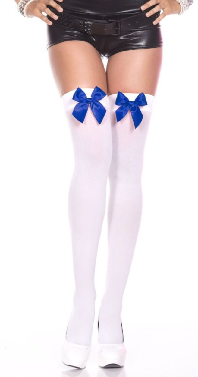 Satin Bow Opaque Thigh High White/Royal - Model Express Vancouver