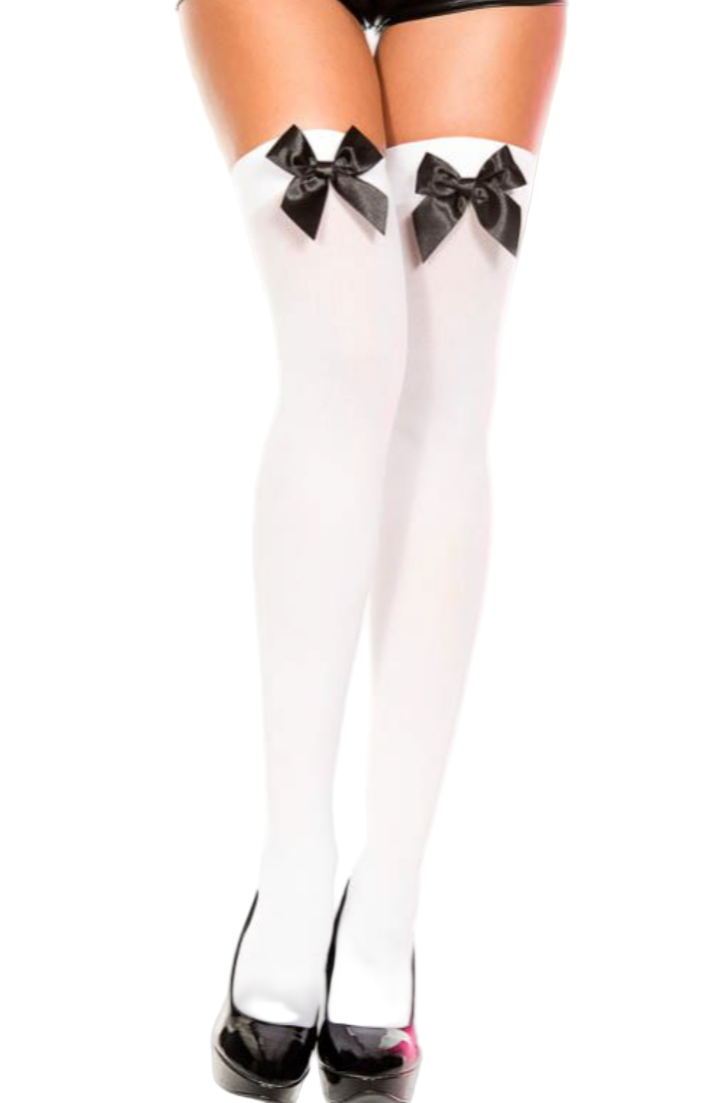 Satin Bow Opaque Thigh High White/Black - Model Express Vancouver
