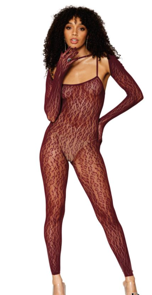 Leopard Fishnet Catsuit and Shrug Burgundy - Model Express Vancouver