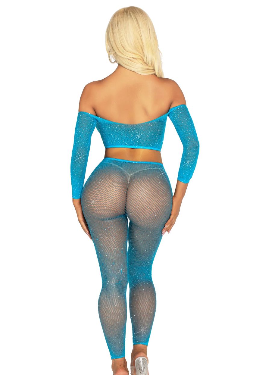 Rhinestone Fishnet Crop Top and Footless Tights Blue - Model Express Vancouver