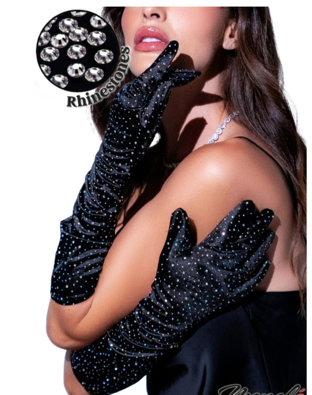 Satin Rhinestone Opera Gloves Black - Model Express Vancouver