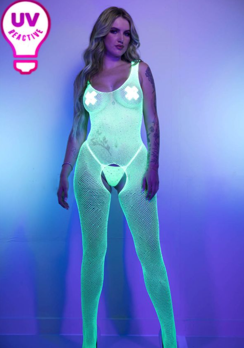 Sleeveless Rhinestone Net Bodystocking Green - Model Express Vancouver