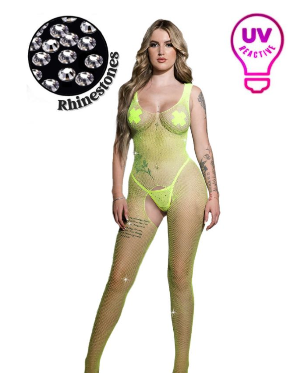 Sleeveless Rhinestone Net Bodystocking Green - Model Express Vancouver