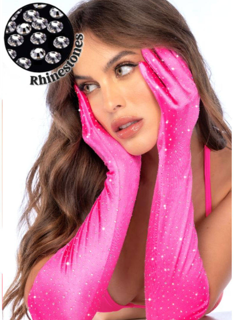 Satin Rhinestone Opera Gloves Pink