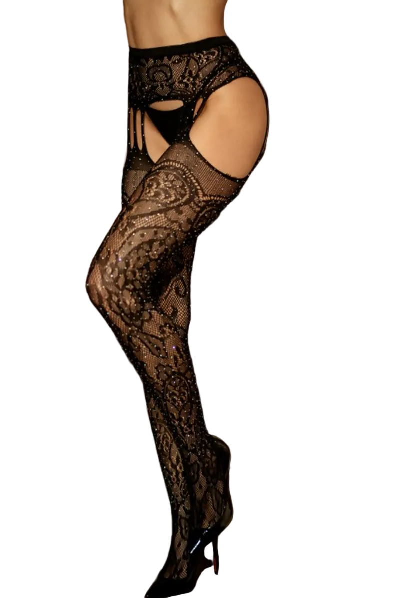 Rose Lace Rhinestone Garter Stockings - Black
