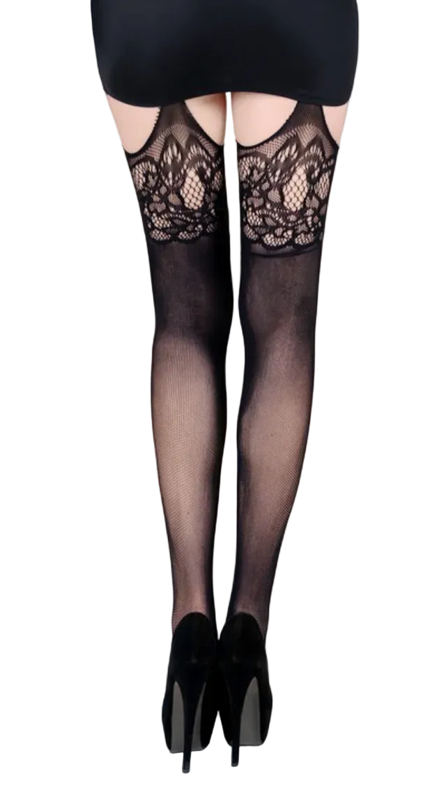 Plus Size Spanish Fan Faux Garter Fishnet Pantyhose
