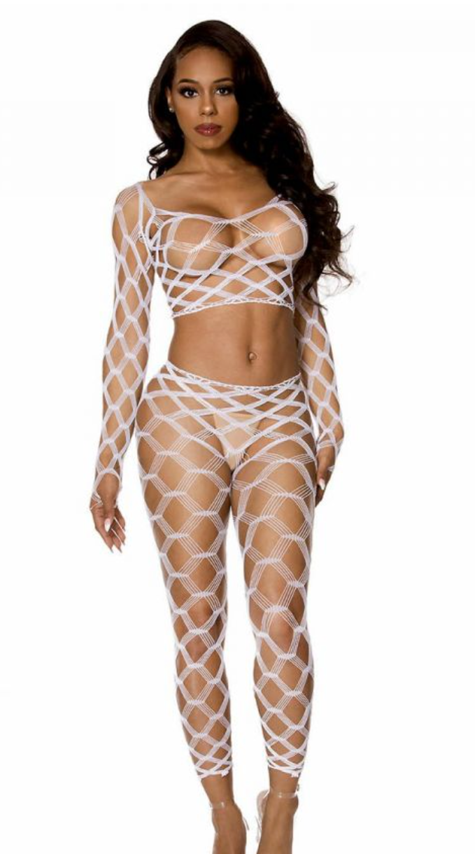Spandex Multi Fence Net Cami with Footless Tights White