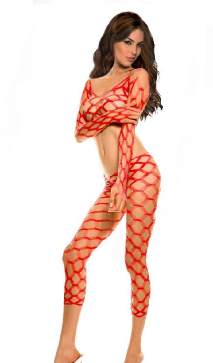 Spandex Multi Fence Net Cami with Footless Tights Red