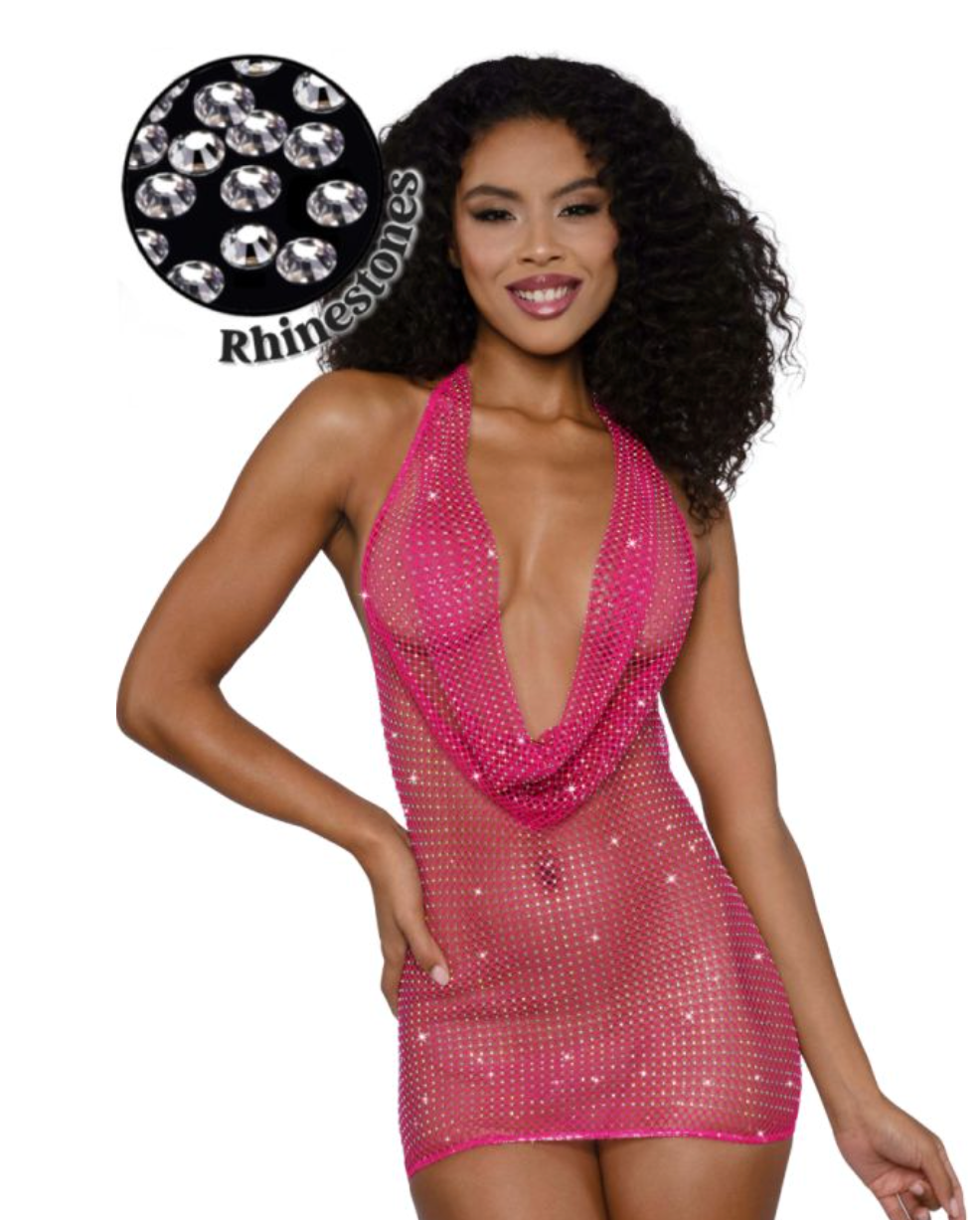 Cowl Neck Rhinestone Fishnet Mini Dress Hot Pink
