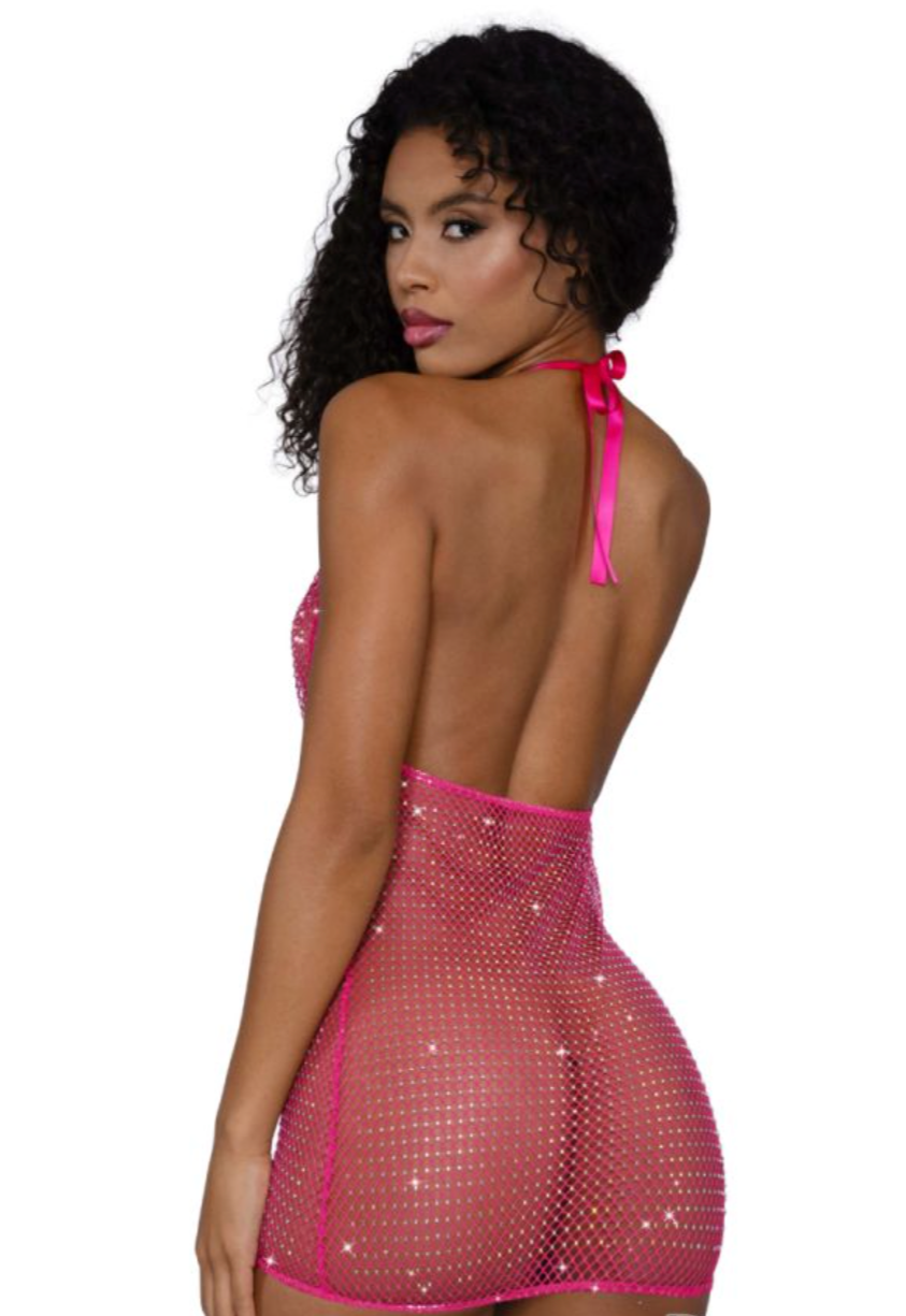 Cowl Neck Rhinestone Fishnet Mini Dress Hot Pink