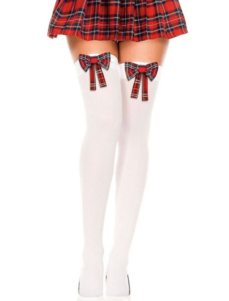 Plaid Bow Thigh Highs White