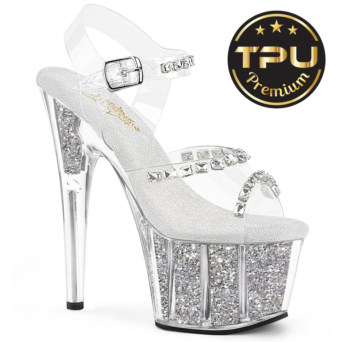 Pleasers Adore-708Prem-Stng - Clr TPU/Slv Glitter Ins