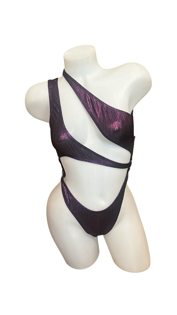 Asymmetrical Bodysuit - Dark Purple Metallic - Model Express VancouverLingerie