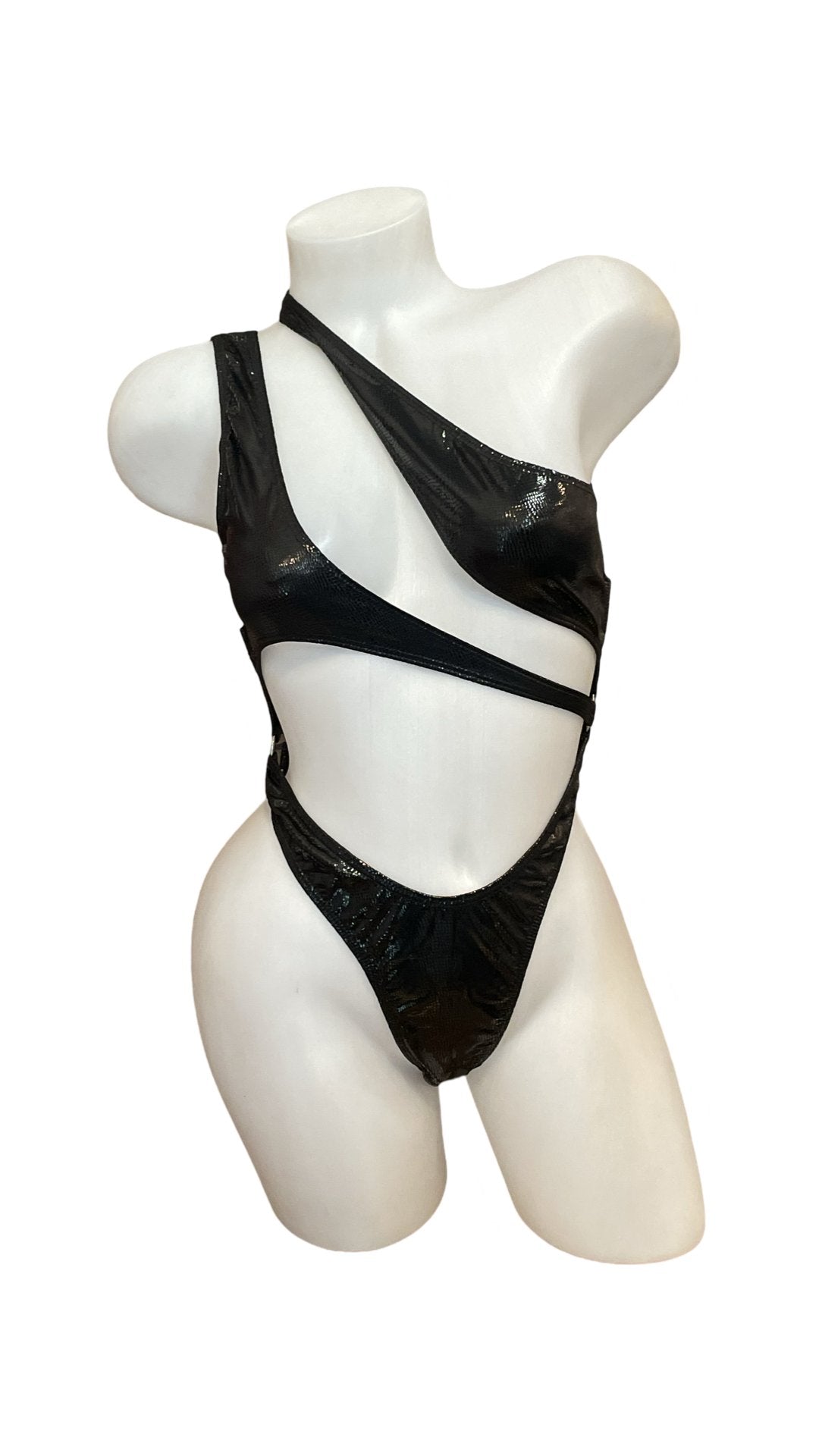 Asymmetrical Bodysuit - Wet look Black Glitter - Model Express VancouverLingerie