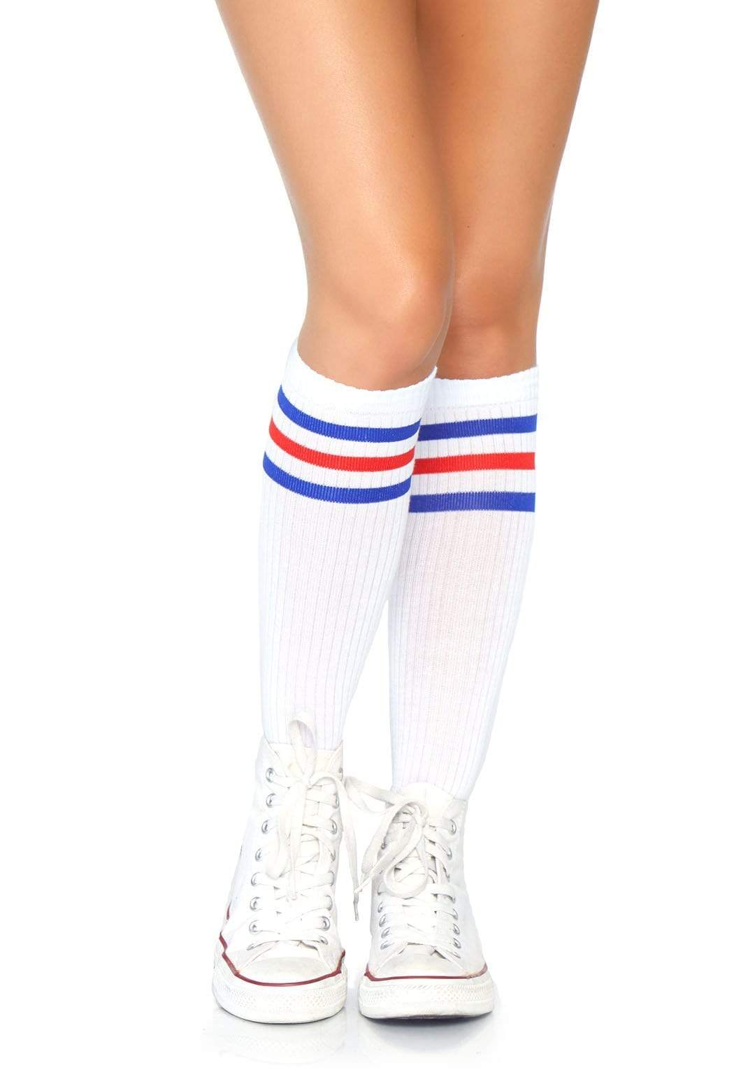 Athletic Striped Knee Highs White - Model Express VancouverHosiery