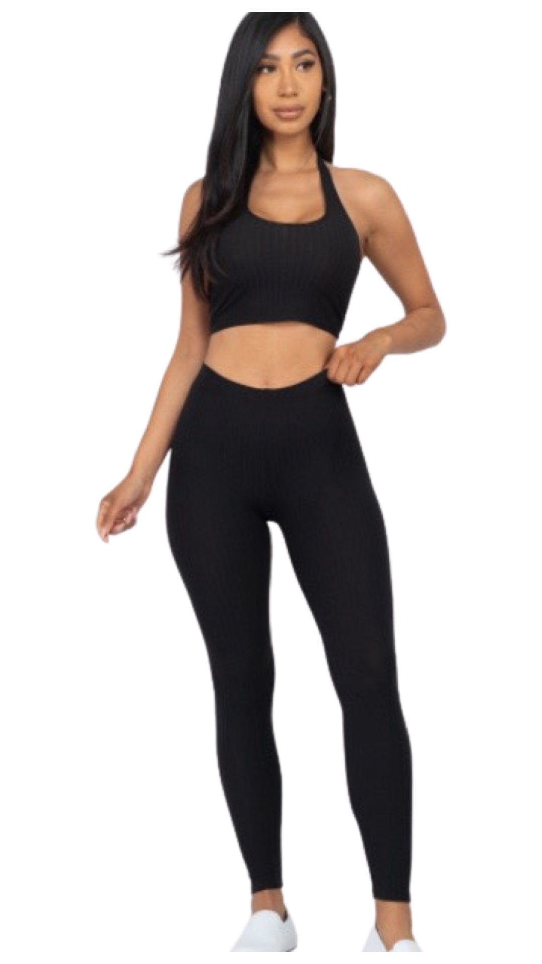 Back Tied Halter Top and Leggings Set - Black - Model Express Vancouver