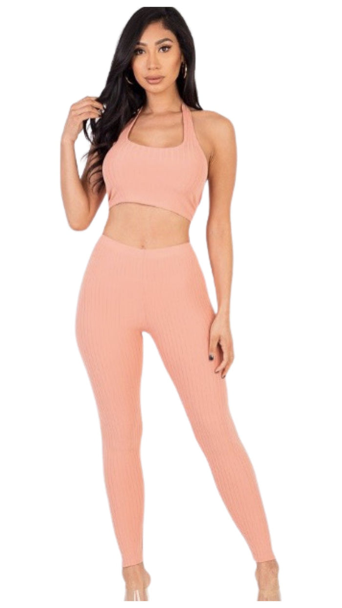 Back Tied Halter Top and Leggings Set - Sand Pink - Model Express Vancouver