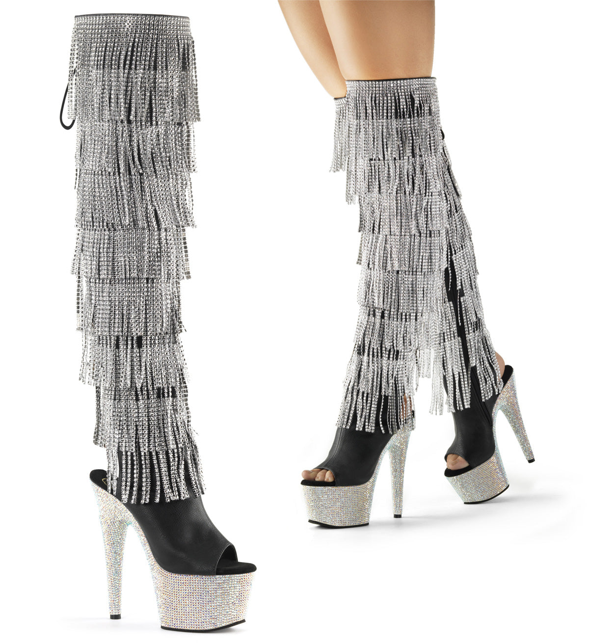 Pleasers Bejeweled-3019Rsf-7 - Blk Faux Leather-Slv/Slv Multi RS
