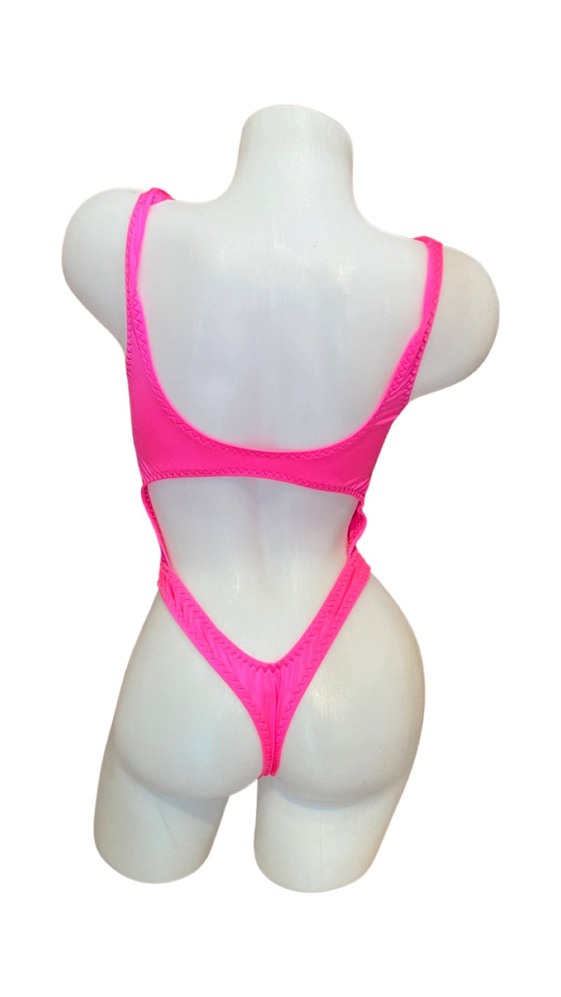 Bralette Top Thong Back Bodysuit Neon Pink - Model Express VancouverBikini