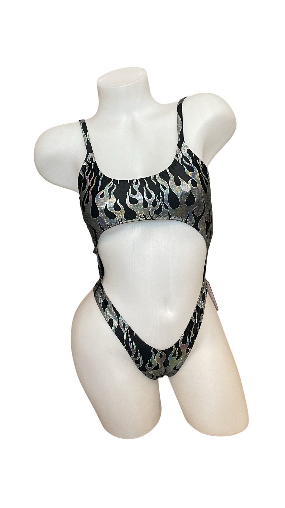 Bralette Top Thong Back Bodysuit Silver Flames - Model Express VancouverBikini